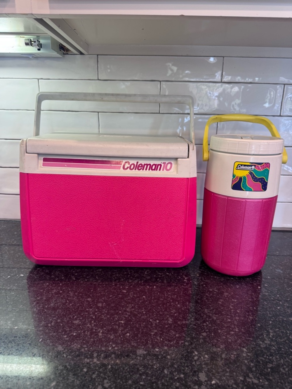 Vintage 80’s Retro Coleman Pink Cooler Matching Pink Jug Thermos Handle VTG